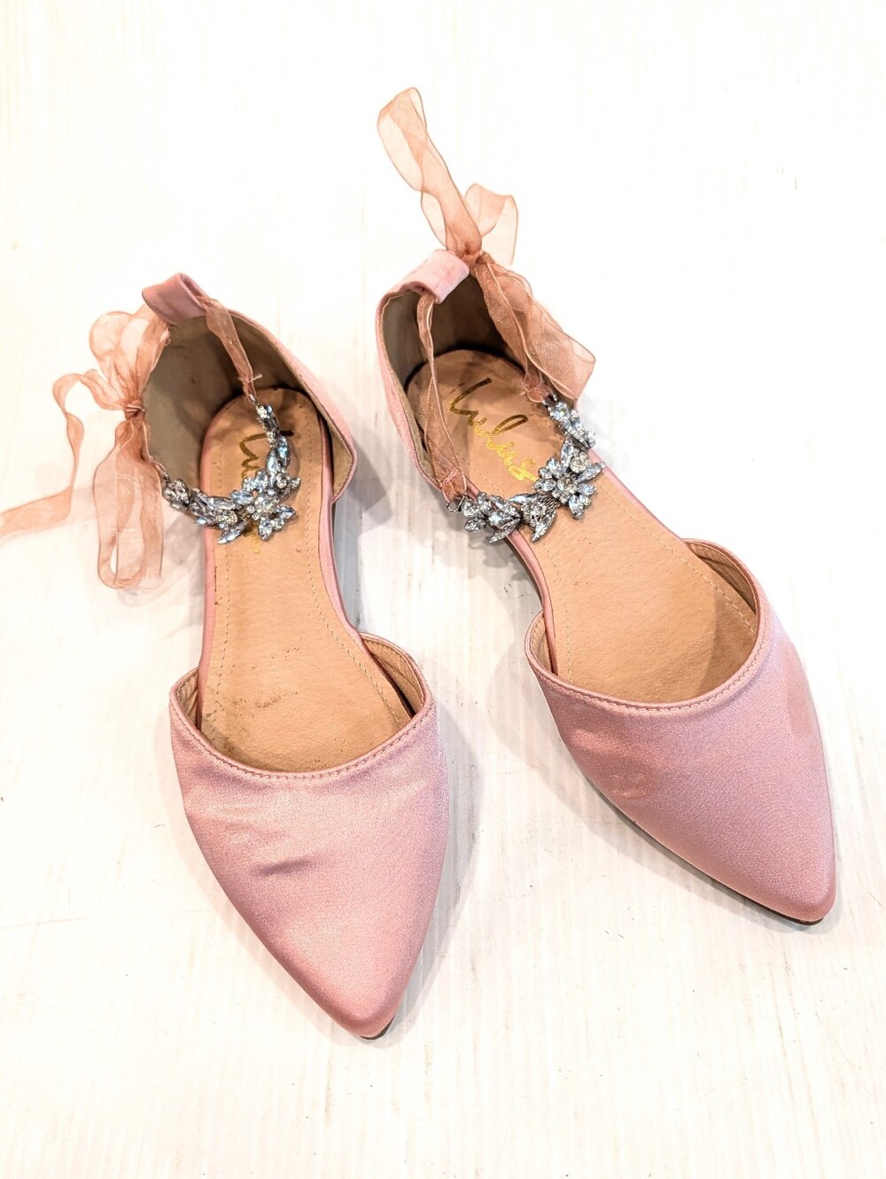LULUS Pink Satin Pointed-Toe Flats with Crystal Gemstone Ankle Ribbon Size 8